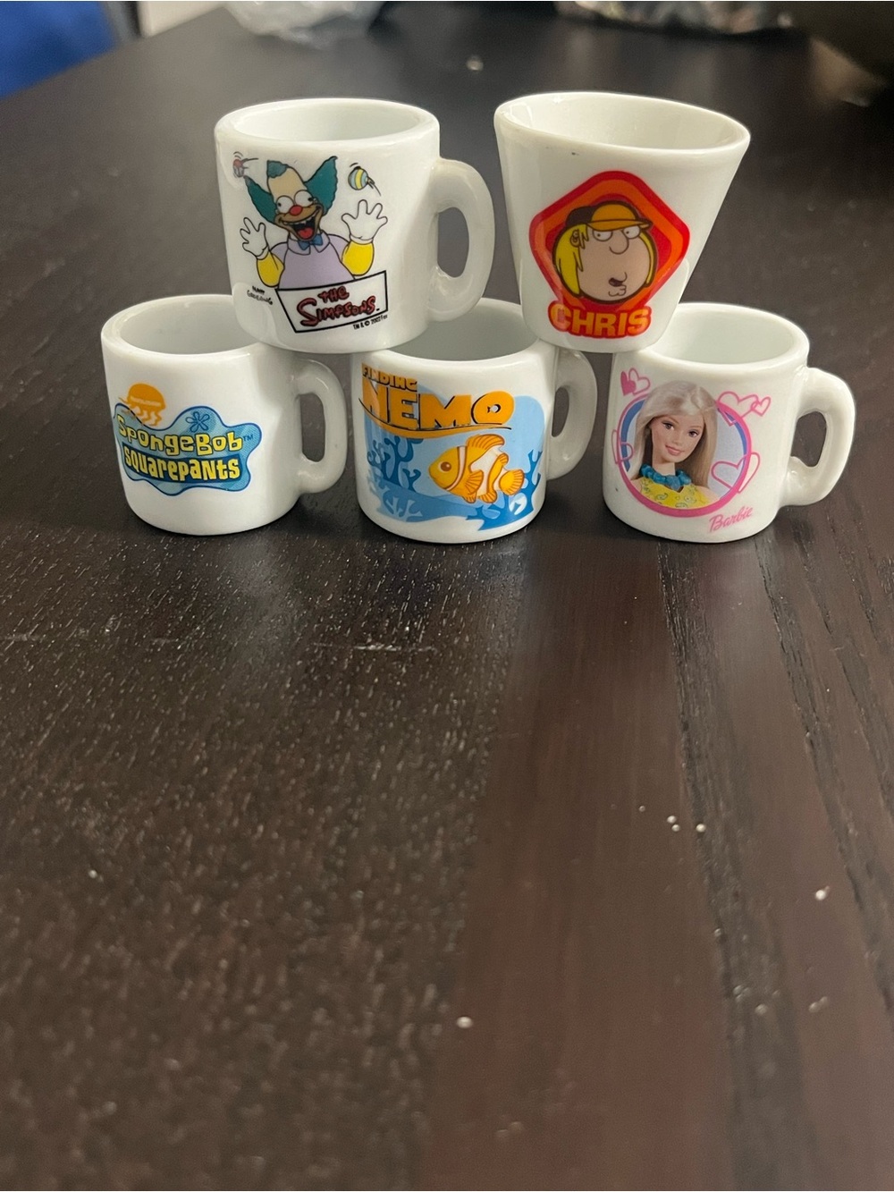 Mini Character Mugs Set - The Simpsons, SpongeBob, Finding Nemo, Barbie